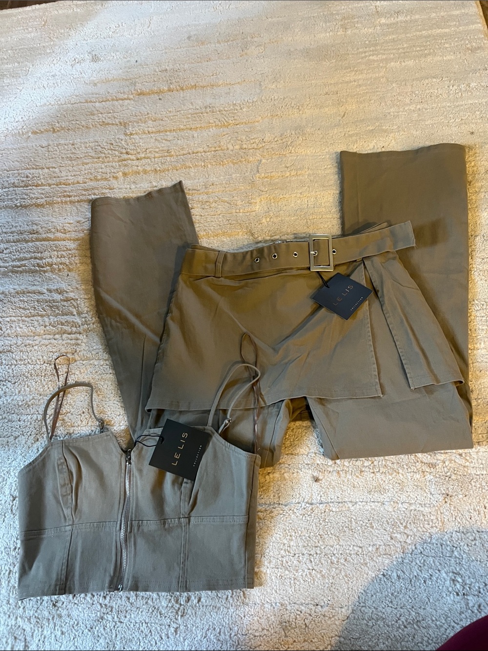 Le Lis Olive Green Boot-Cut Pants with Matching Cropped Top Set